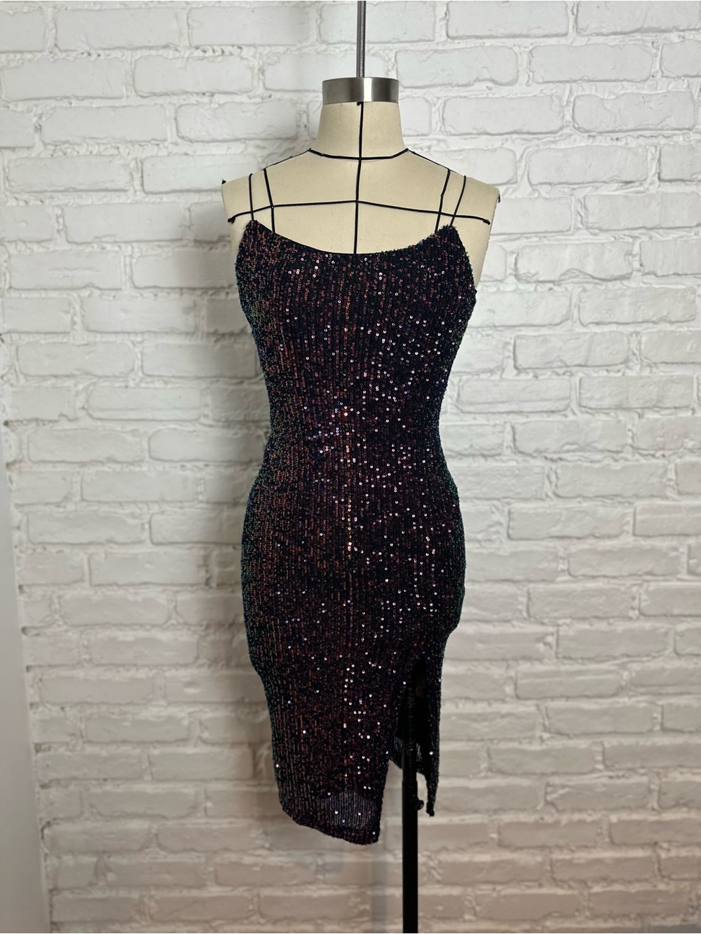 Revamped Iridescent Black Sequin Mini Slip Dress